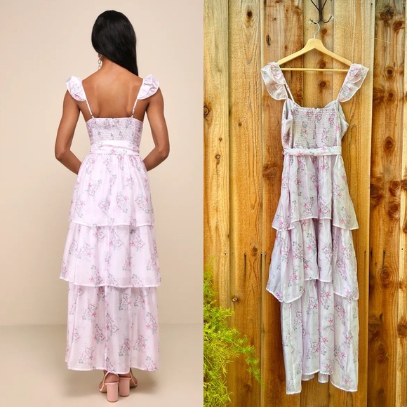 Lilac Pink Floral Ruffled Tiered Bustier Flutter-Sleeve Midi Dress 🌿 - Picture 2 of 11